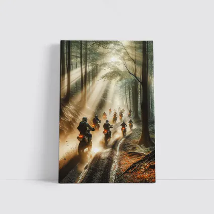Dirt Bikes Racing Through Misty Forest Trail