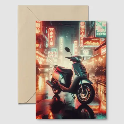 Scooter Rainy Neon City Street Night