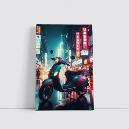 Scooter Neon City Street Rainy Night