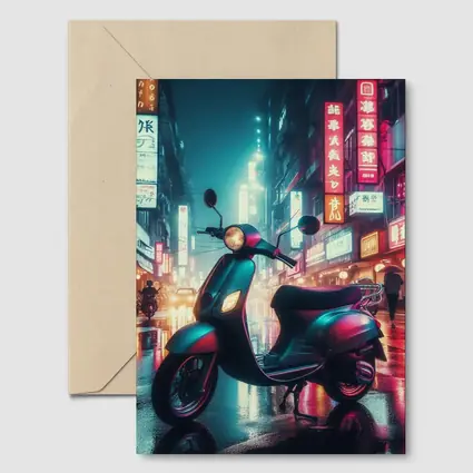 Scooter Neon City Street Rainy Night