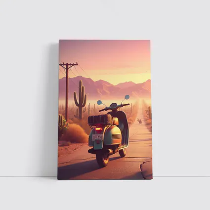 Retro Scooter Desert Road Cactus Sunset