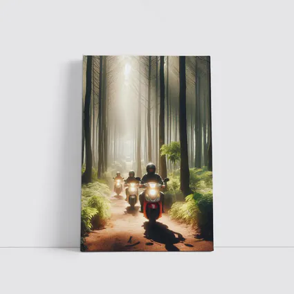 Motorcyclists Riding Through Misty Forest Trail