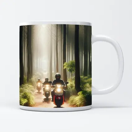 Motorcyclists Riding Through Misty Forest Trail