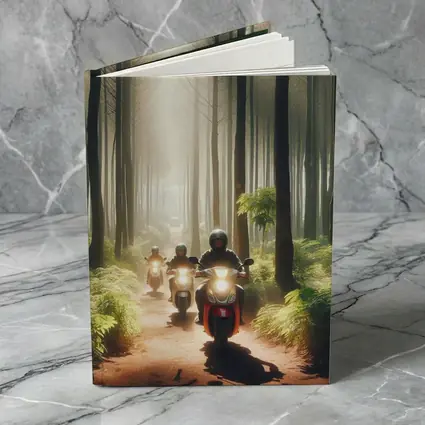 Motorcyclists Riding Through Misty Forest Trail
