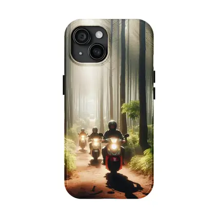 Motorcyclists Riding Through Misty Forest Trail
