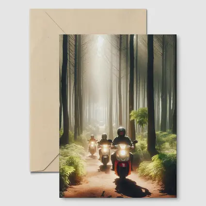 Motorcyclists Riding Through Misty Forest Trail