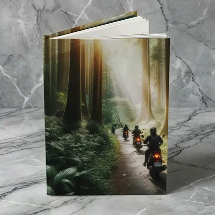 Motorcycles Riding Through Misty Forest Road