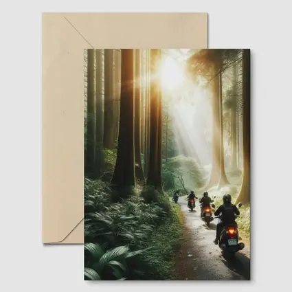 Motorcycles Riding Through Misty Forest Road