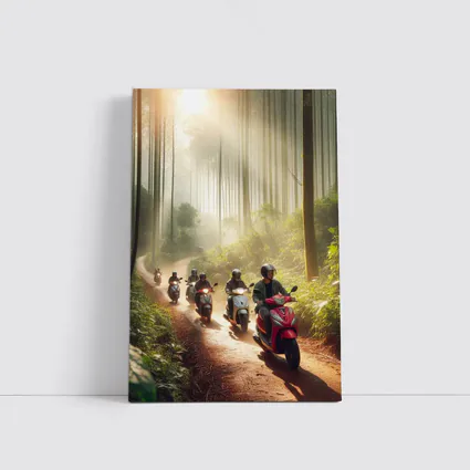 Scooters Riding Through Misty Forest Trail