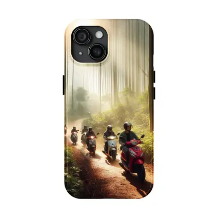 Scooters Riding Through Misty Forest Trail