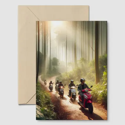 Scooters Riding Through Misty Forest Trail