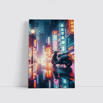 Scooter Neon City Street Rainy Night