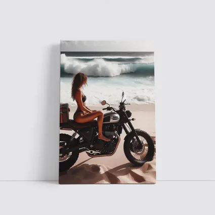 Woman on Scrambler Motorcycle Beach Waves