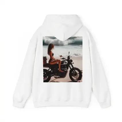 Woman on Scrambler Motorcycle Beach Waves