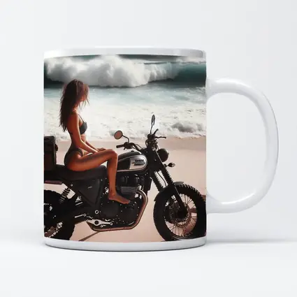 Woman on Scrambler Motorcycle Beach Waves