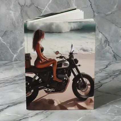Woman on Scrambler Motorcycle Beach Waves