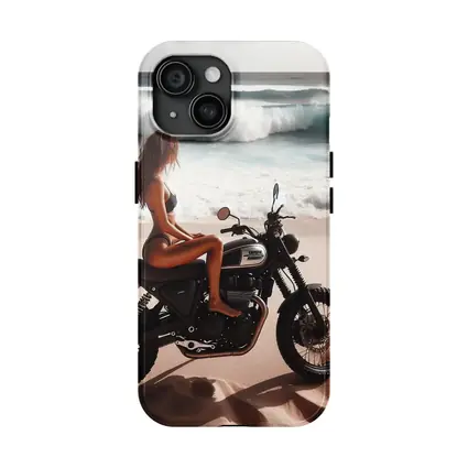 Woman on Scrambler Motorcycle Beach Waves
