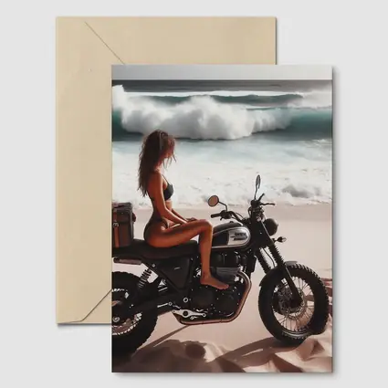 Woman on Scrambler Motorcycle Beach Waves
