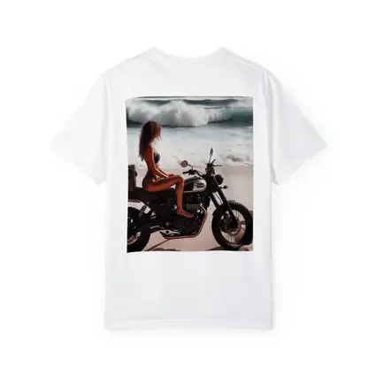 Woman on Scrambler Motorcycle Beach Waves