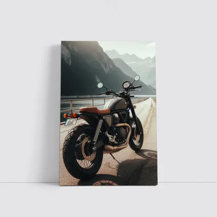 Scrambler Motorcycle Parked by Mountain Lake