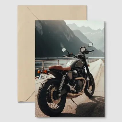 Scrambler Motorcycle Parked by Mountain Lake