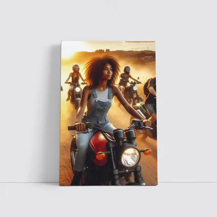 Woman Riding Motorcycle Dusty Sunset Road