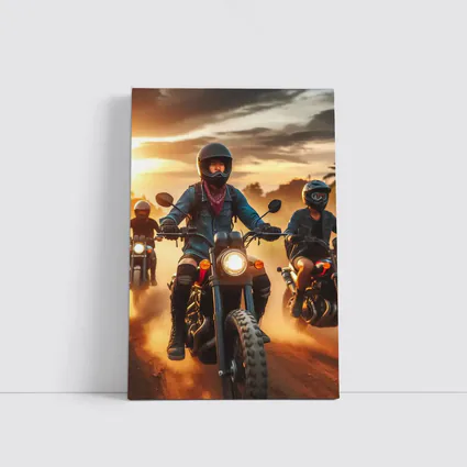 Women Riders Motorcycles Dusty Sunset Road