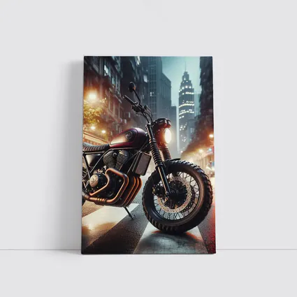 Scrambler Motorcycle Parked Rainy City Street
