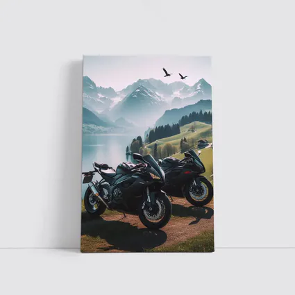 Sport Bikes Parked Alpine Lake Mountain Setting