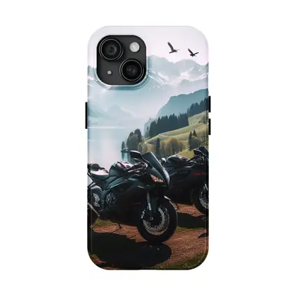Sport Bikes Parked Alpine Lake Mountain Setting