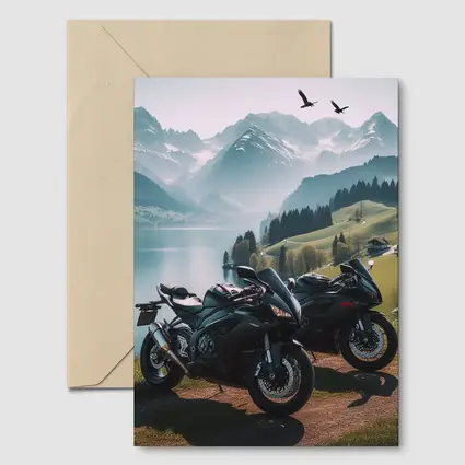 Sport Bikes Parked Alpine Lake Mountain Setting