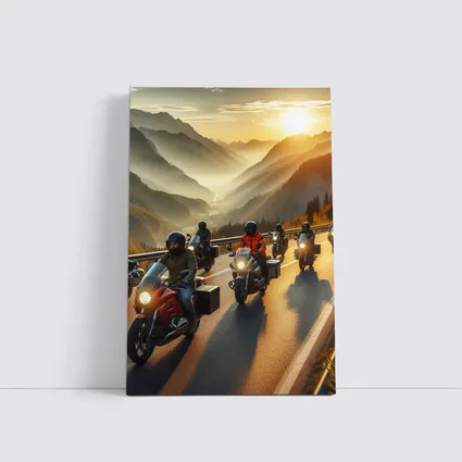 Motorcycle Group Riding Mountain Sunset Road