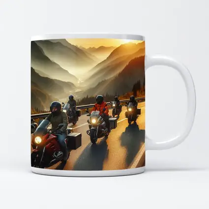 Motorcycle Group Riding Mountain Sunset Road