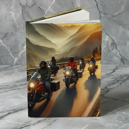 Motorcycle Group Riding Mountain Sunset Road