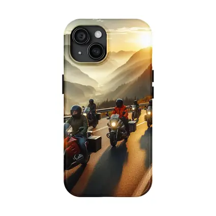 Motorcycle Group Riding Mountain Sunset Road