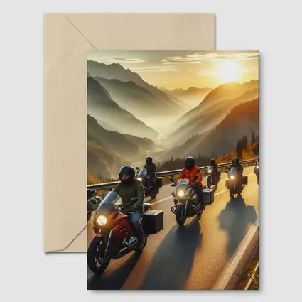 Motorcycle Group Riding Mountain Sunset Road