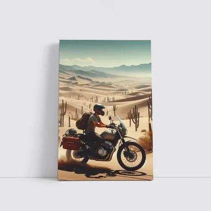 Adventure Rider Crossing Desert Dunes Cactus