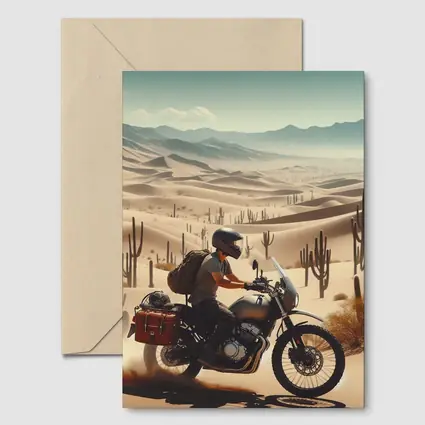 Adventure Rider Crossing Desert Dunes Cactus