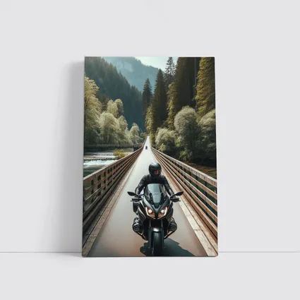 Sport Bike Rider Crossing Forest Bridge