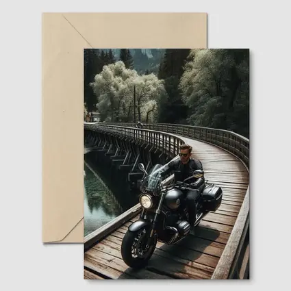 Cruiser Motorcycle Rider On Wooden Bridge