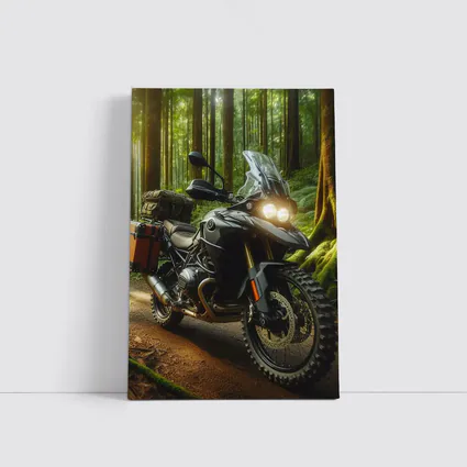 Adventure Motorcycle Parked In Sunlit Forest