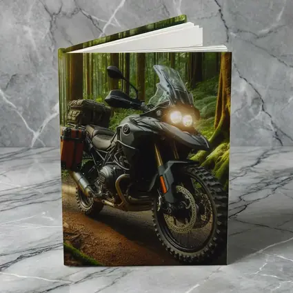 Adventure Motorcycle Parked In Sunlit Forest
