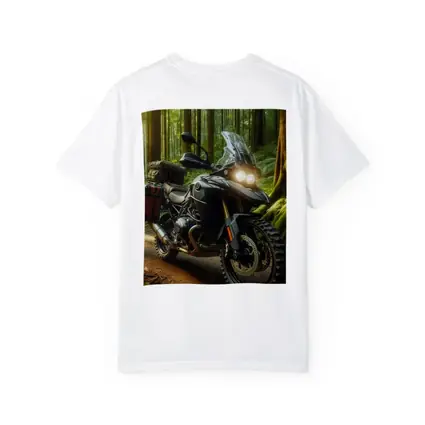 Adventure Motorcycle Parked In Sunlit Forest