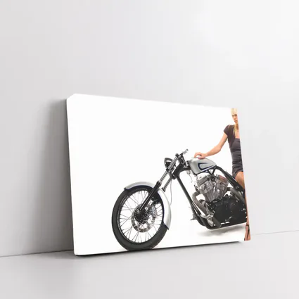 Custom Chopper Motorcycle Blonde Woman White Background