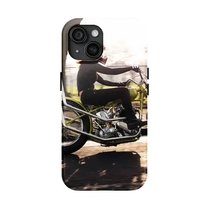 Woman Riding Custom Chopper Motorcycle Street