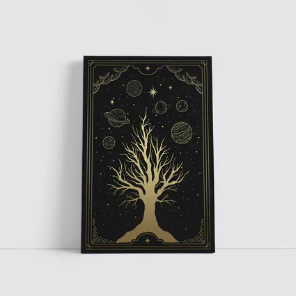 Celestial Tree Gold Stars Planets Dark
