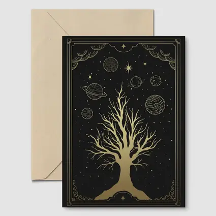 Celestial Tree Gold Stars Planets Dark