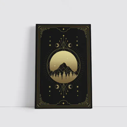Gold Moon Phase Mountain Night Sky Art