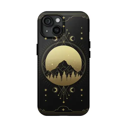 Gold Moon Phase Mountain Night Sky Art