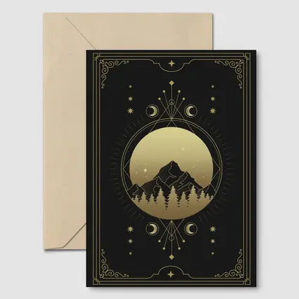 Gold Moon Phase Mountain Night Sky Art